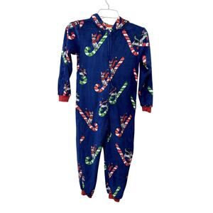 Munki Munki Youth Candy Cane Sled Hooded One Piece Fleece Zip Up Pajamas 6 NWT